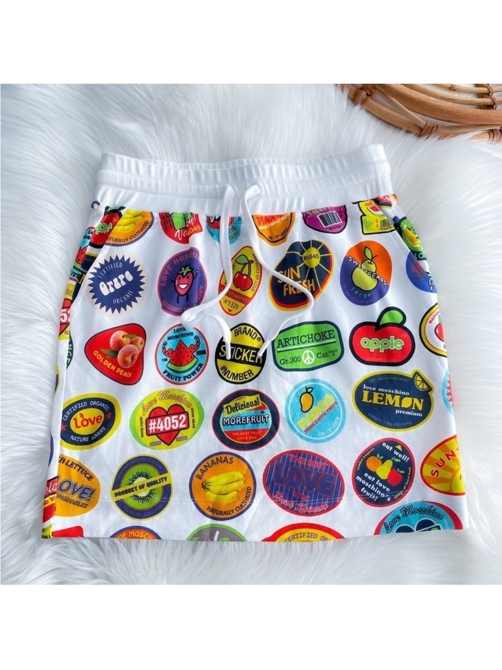 Love Mochino Mini Skirt Fruit Sticker Print Drawstring Pockets Motif